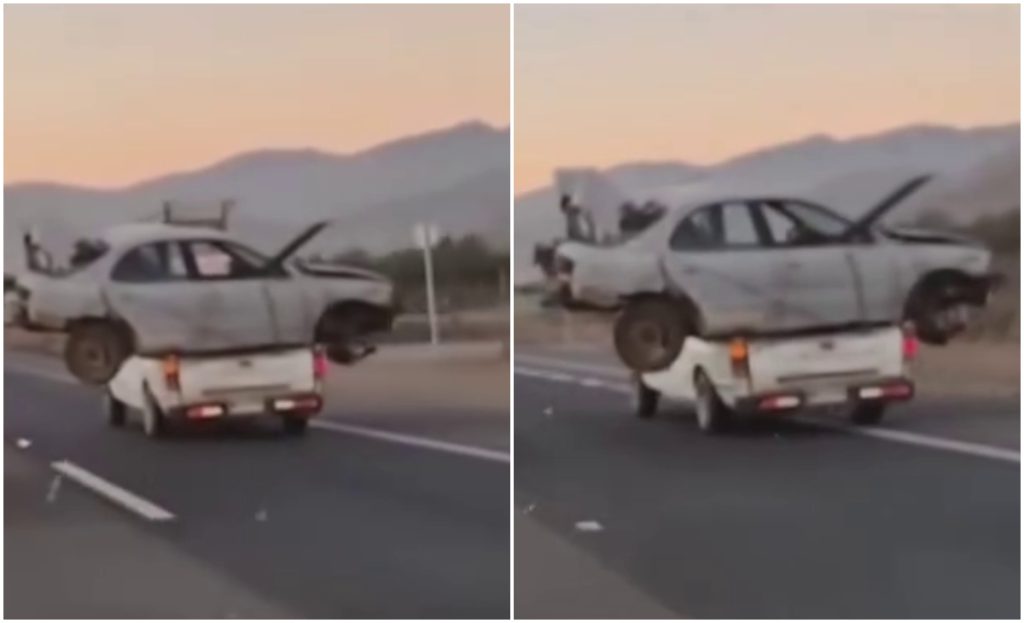 Viralizan riesgoso traslado de automóvil sobre una camioneta en ruta de Coquimbo